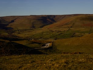 a view of a valley with hills in the background