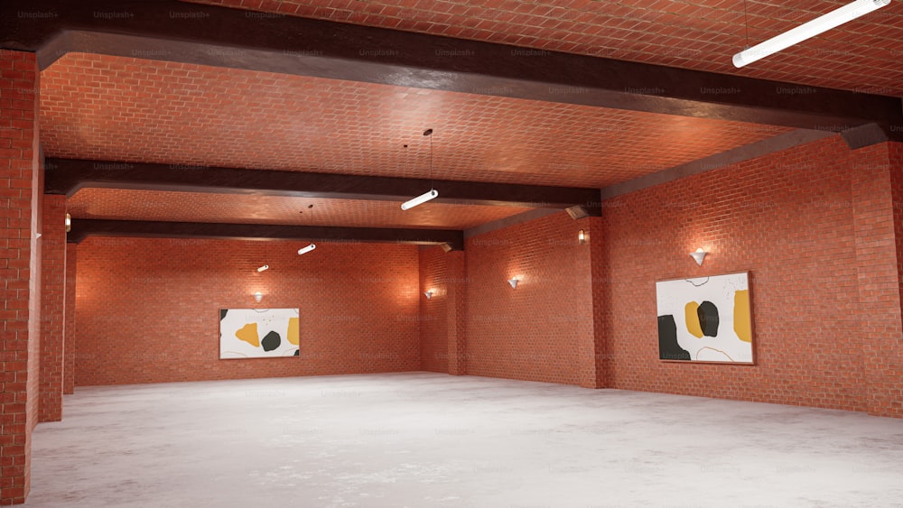 an empty room with two paintings on the wall