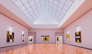 an empty room with paintings on the walls