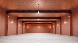 an empty room with red brick walls and lights