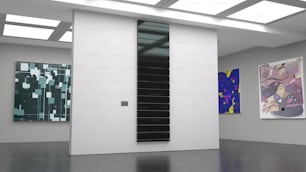 uma sala com pinturas na parede e um radiador