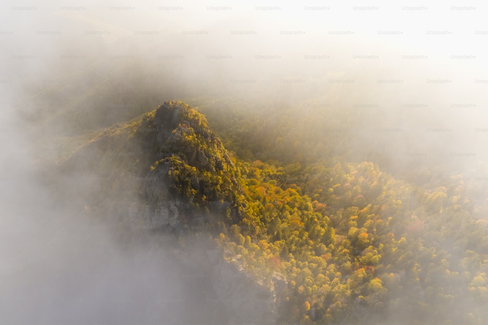 an aerial view of a mountain covered in fog