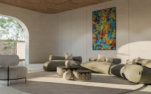 ein Wohnzimmer mit Möbeln und einem Gemälde an der Wand