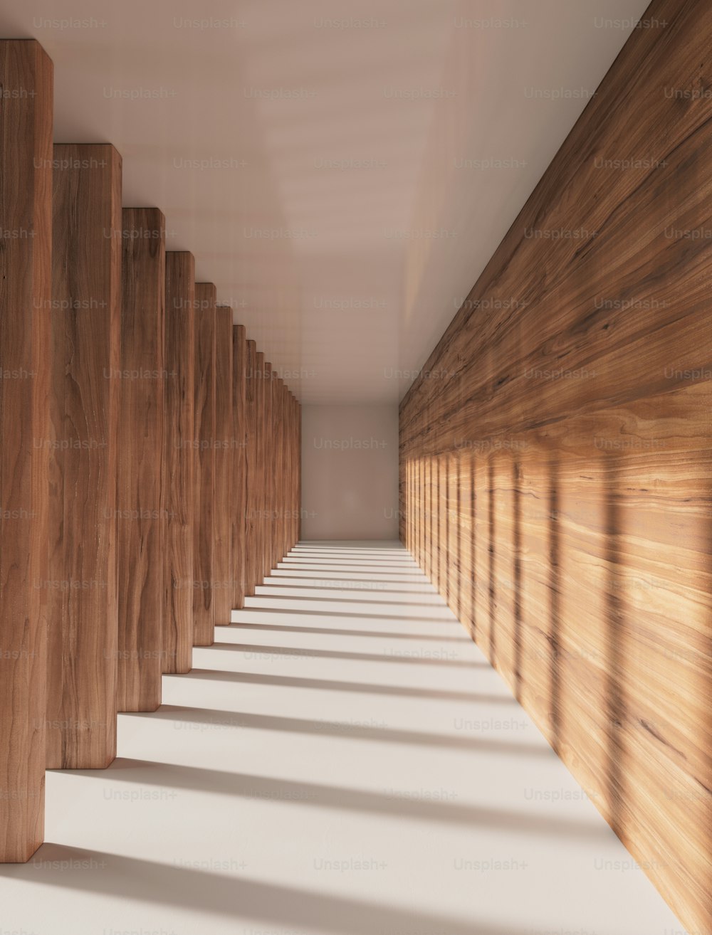a long row of wooden partitions in a room