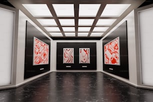 ein leerer Raum mit drei Gemälden an der Wand