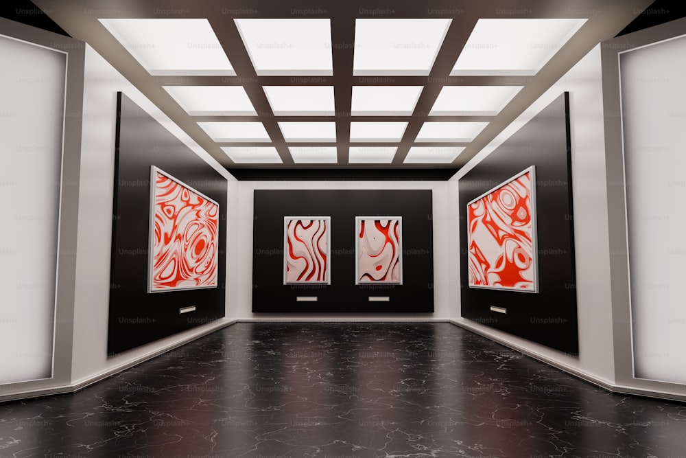 uma sala vazia com três pinturas na parede