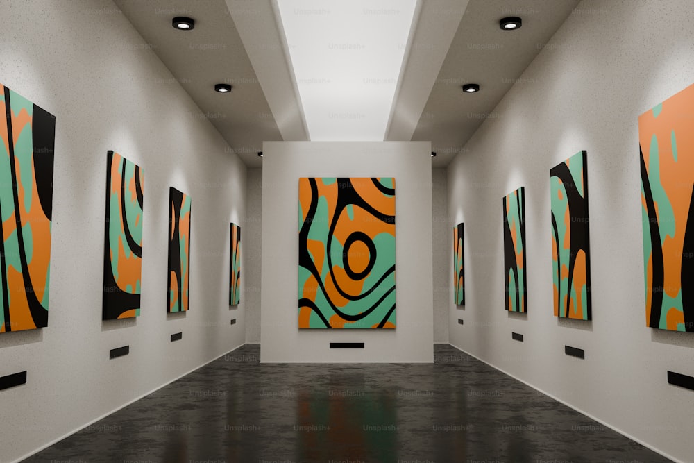 a long hallway with paintings on the wall