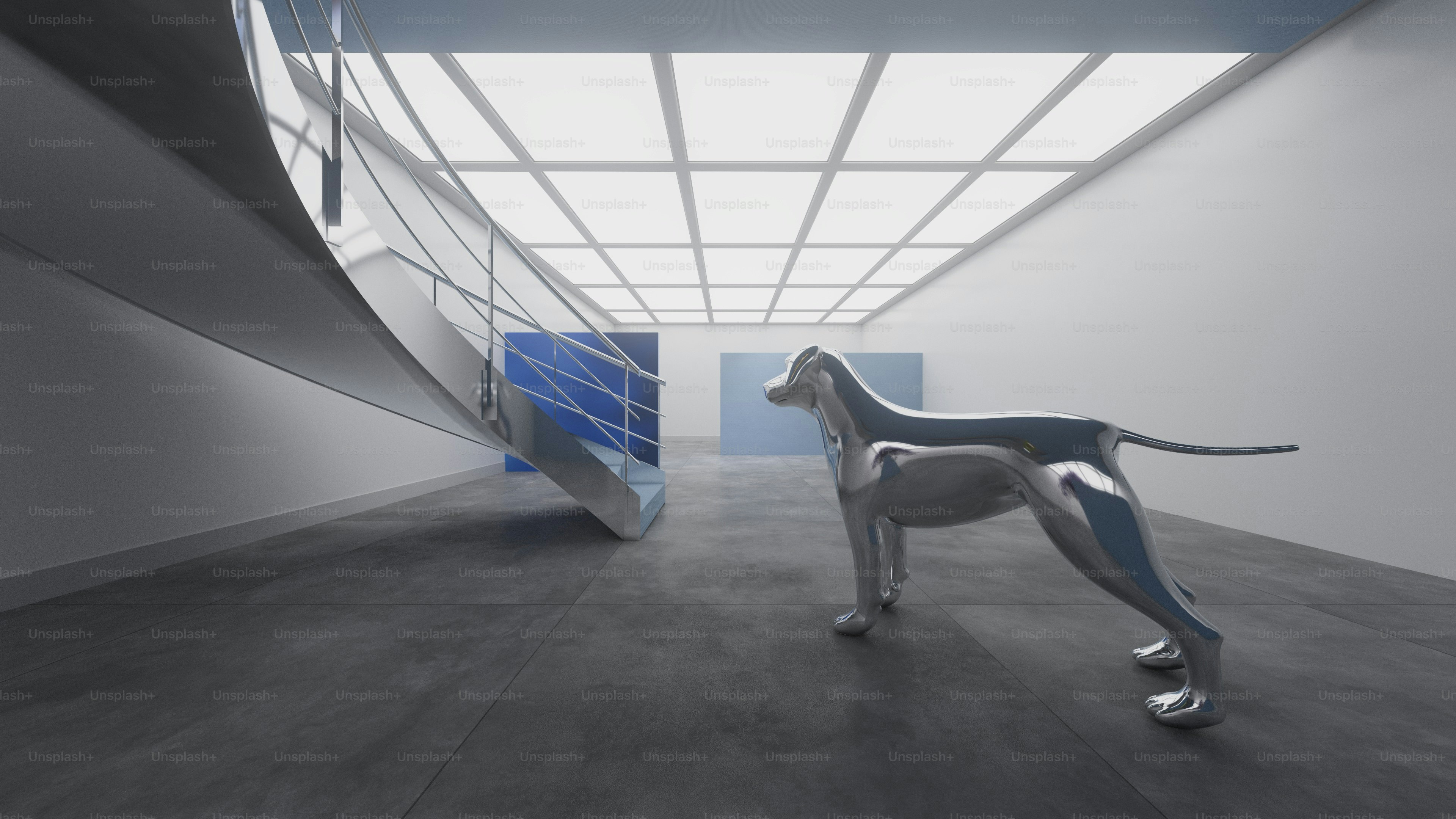 um cão está de pé em uma sala com uma porta azul