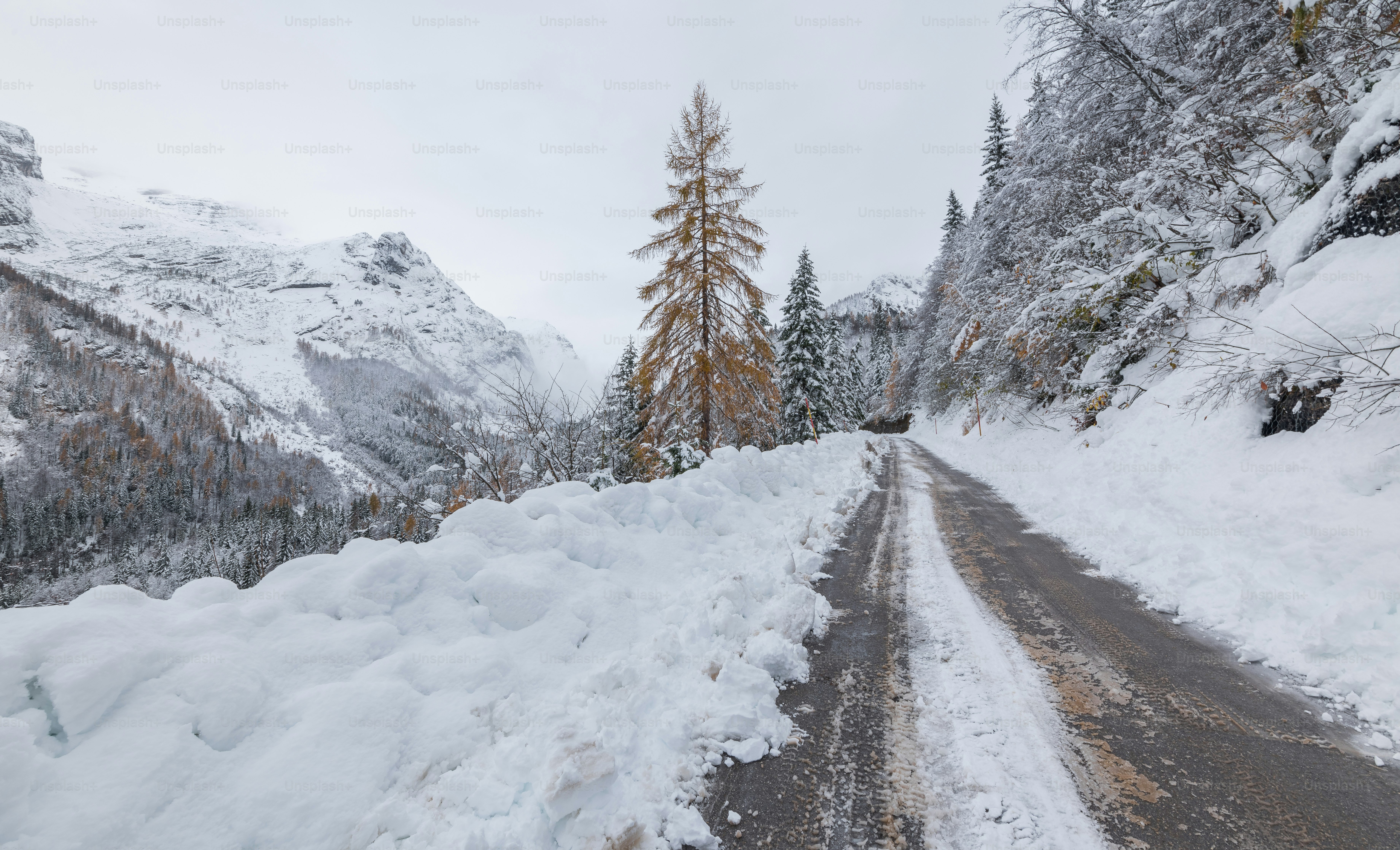 a snow covered road in the middle of a mountain