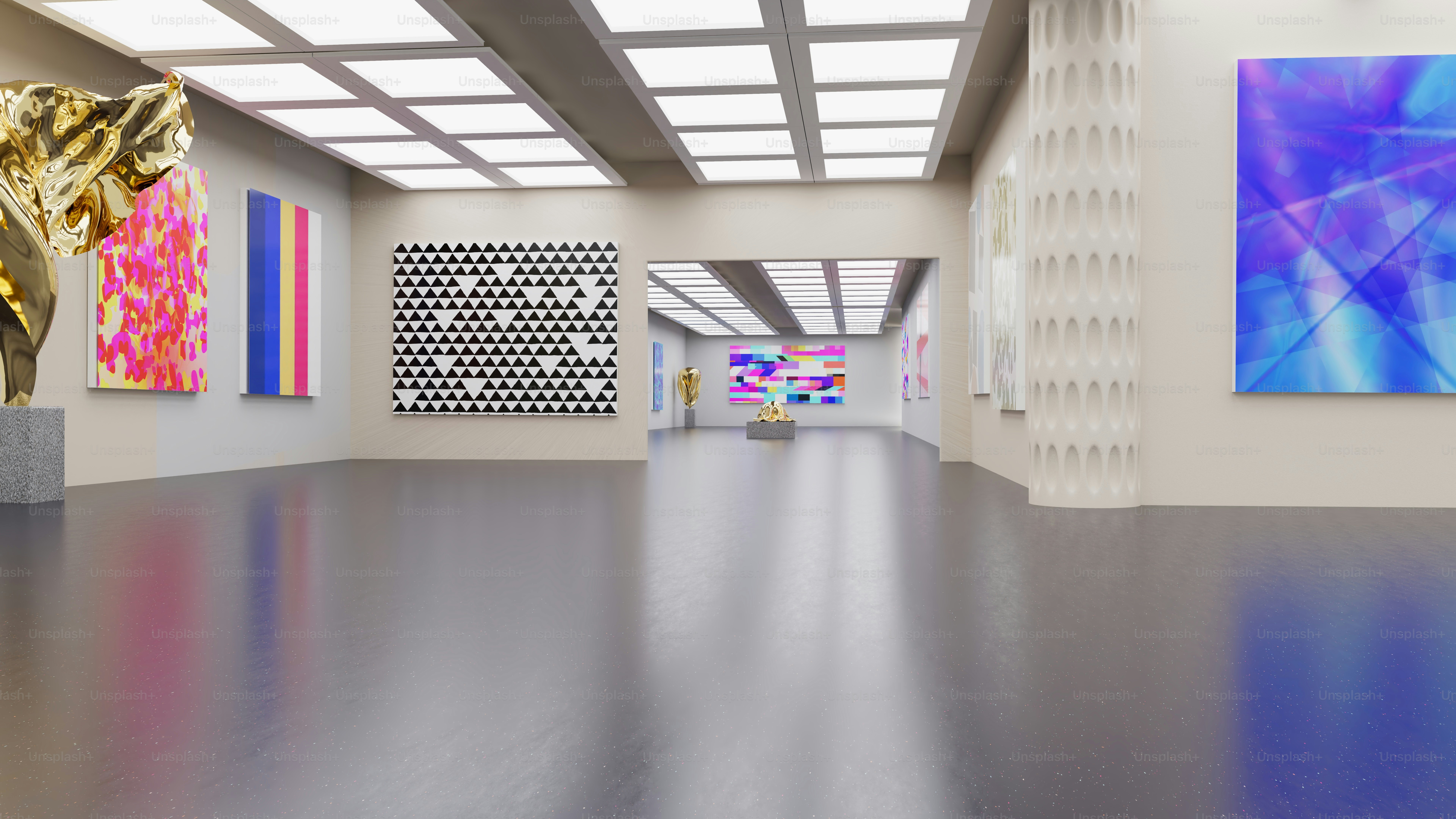 a large room with paintings and sculptures on the walls