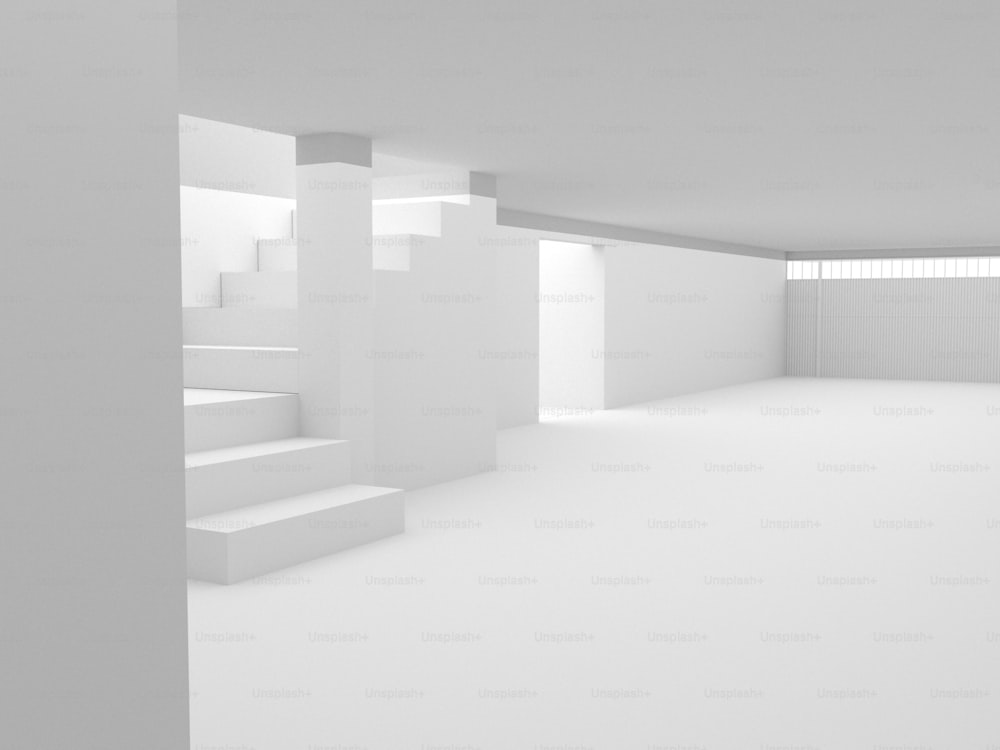 um quarto vazio com escadas e uma parede branca
