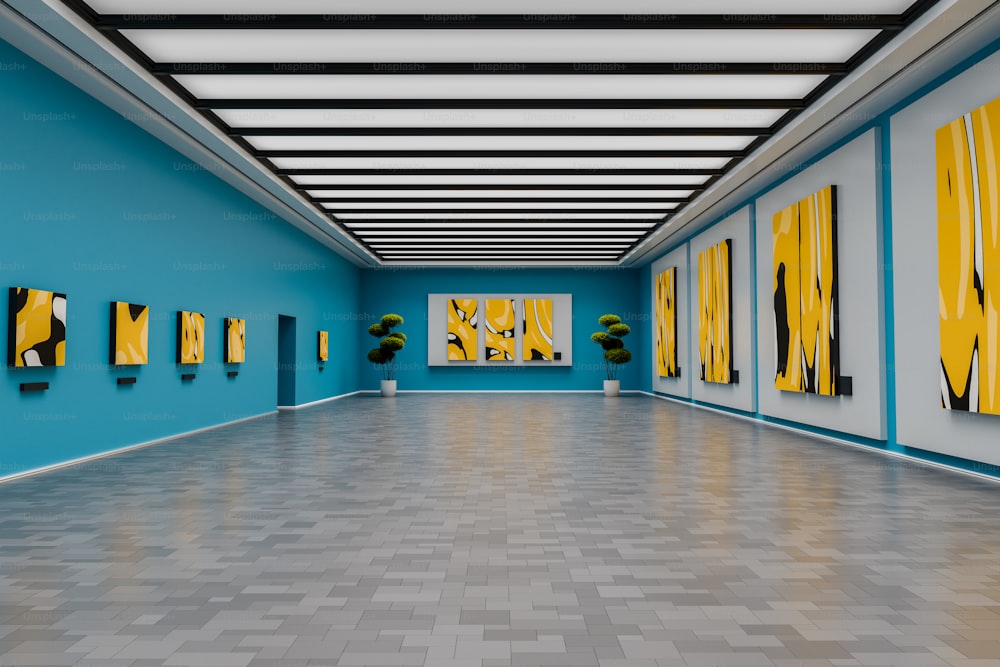 an empty room with blue walls and paintings on the walls