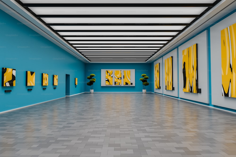 an empty room with blue walls and paintings on the walls