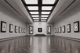 Une pièce vide avec des photos accrochées au mur