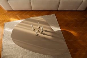 un sofá blanco sentado encima de un suelo de madera
