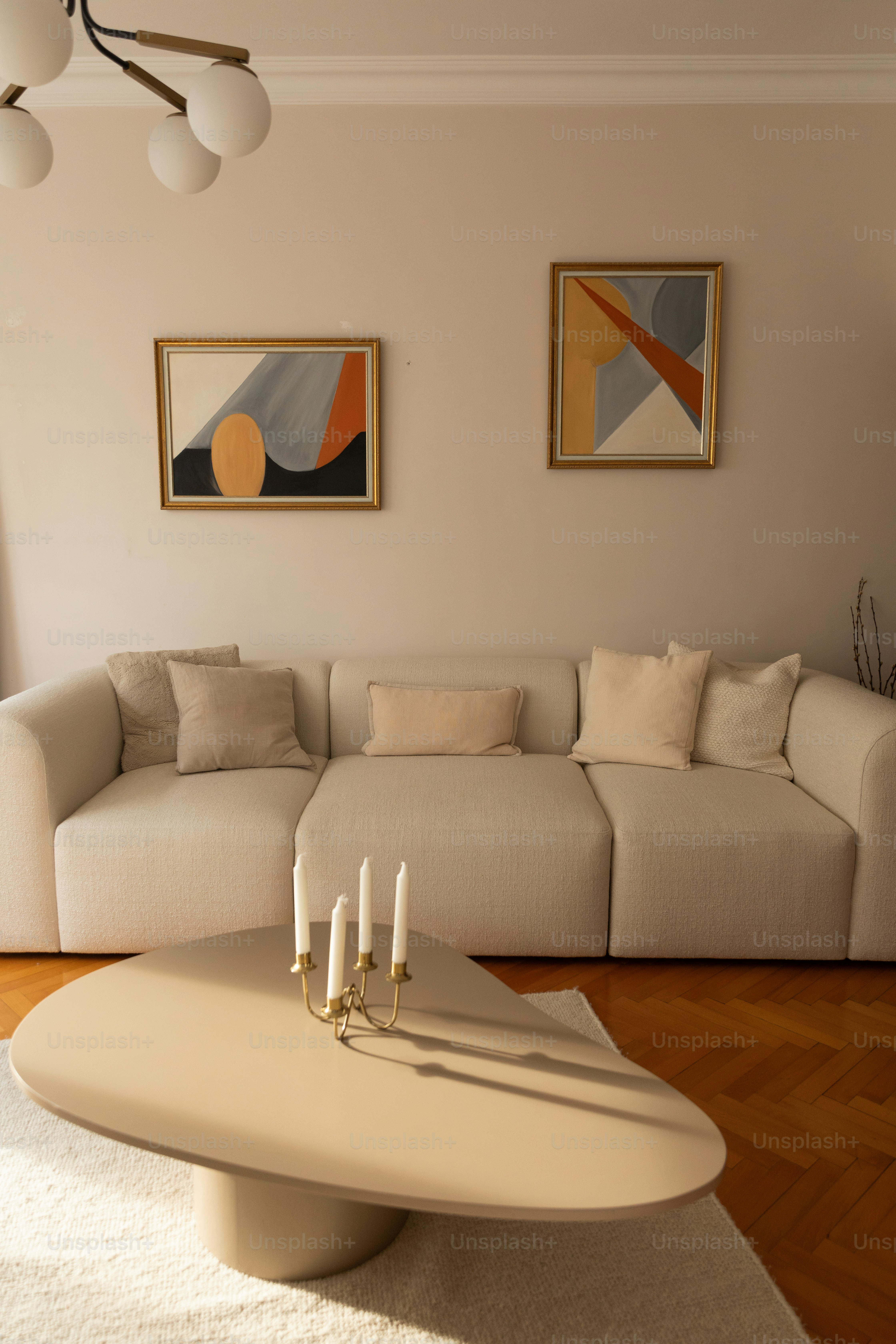 a living room with a couch and a table