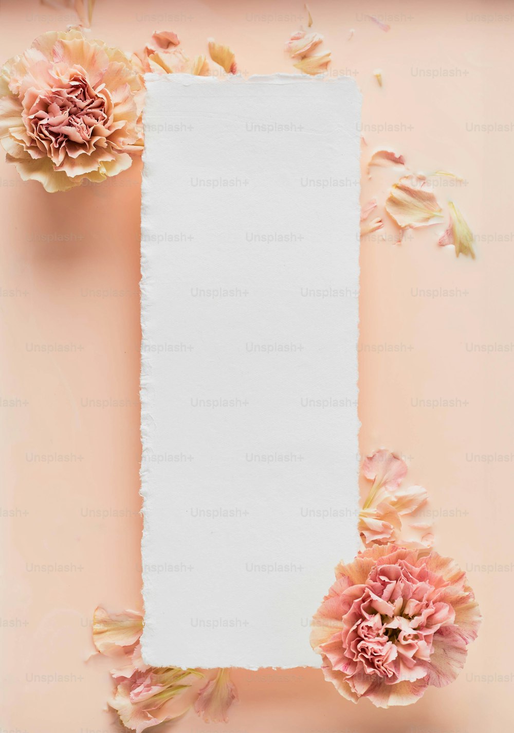un papel en blanco rodeado de flores sobre un fondo rosa