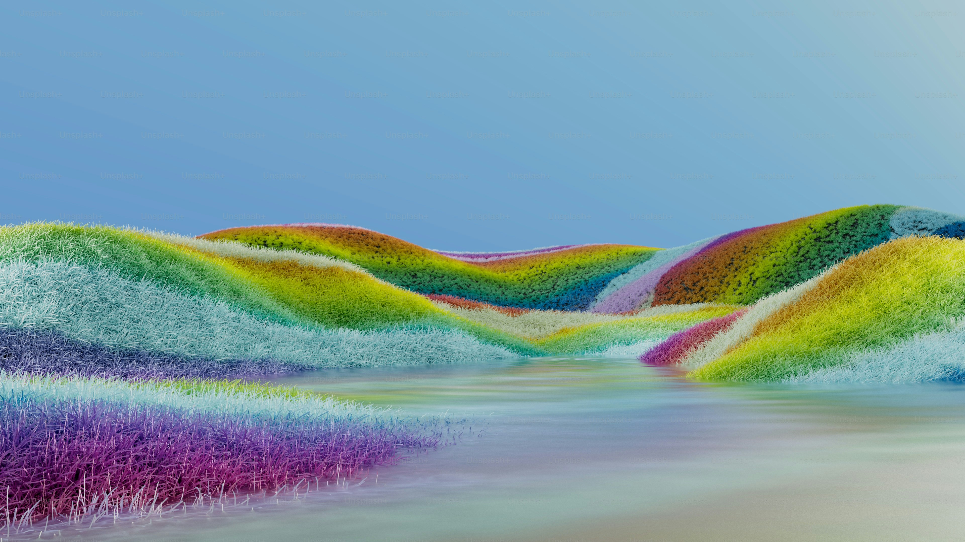 a painting of a landscape with a blue sky in the background