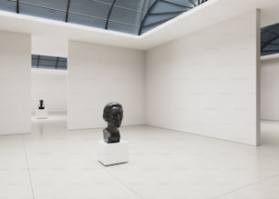 uma sala cheia de paredes brancas e esculturas