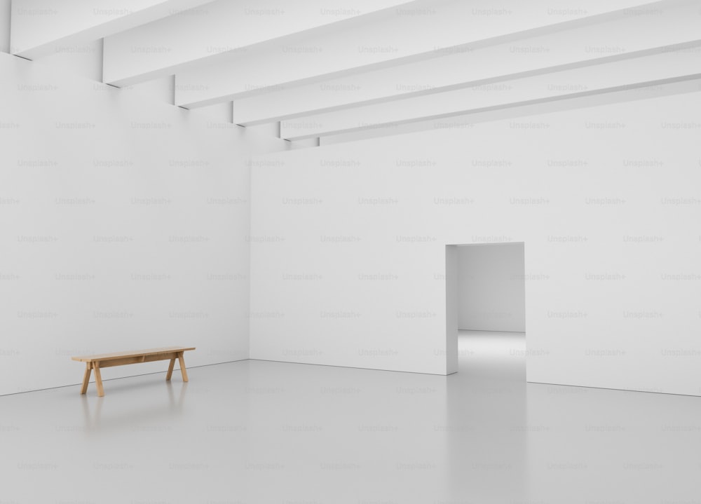 an empty room with a bench in the middle