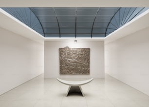 a white room with a large painting on the wall