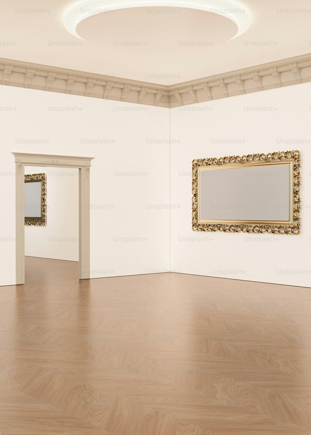 an empty room with a mirror and a doorway