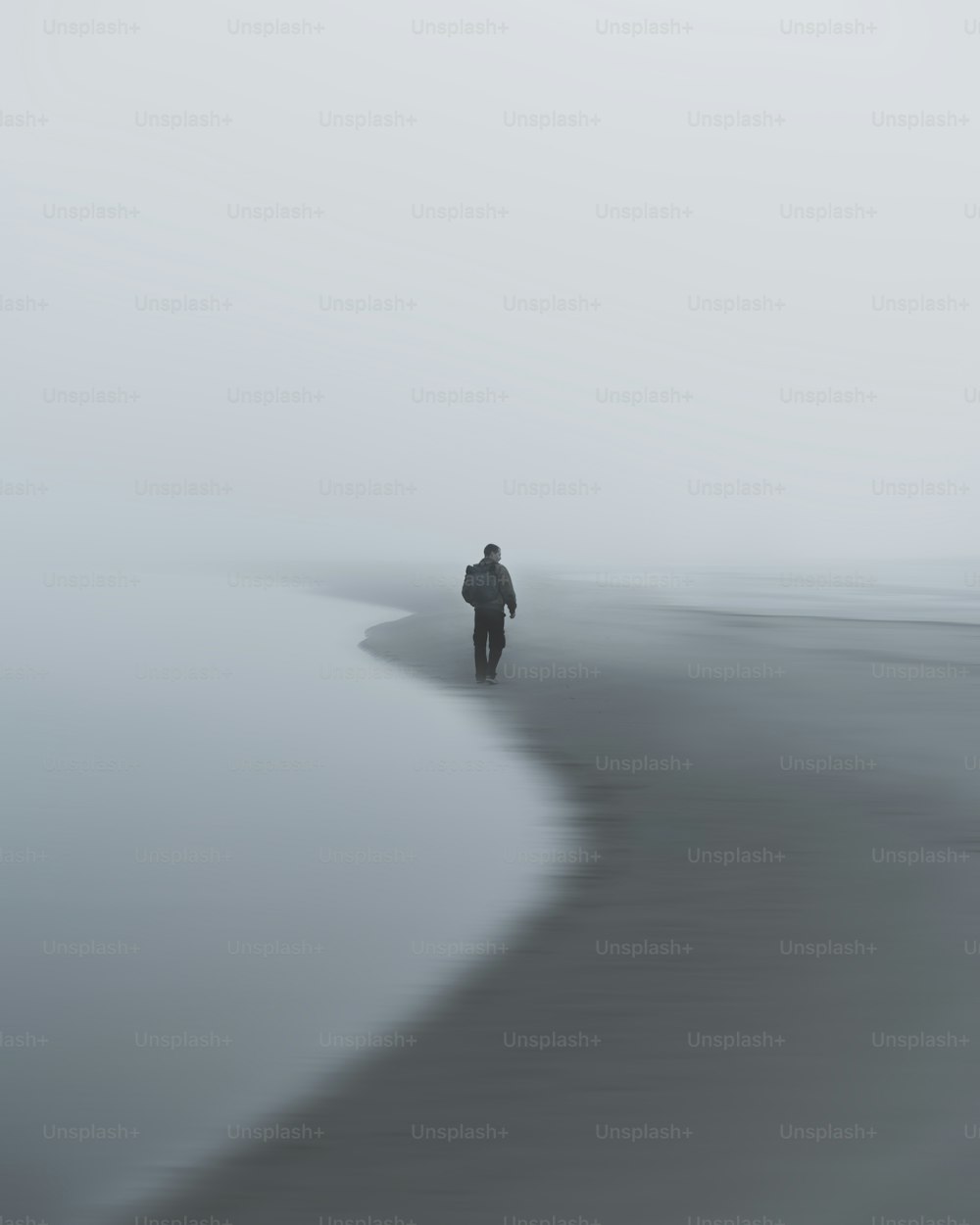 a person walking on a beach in the fog