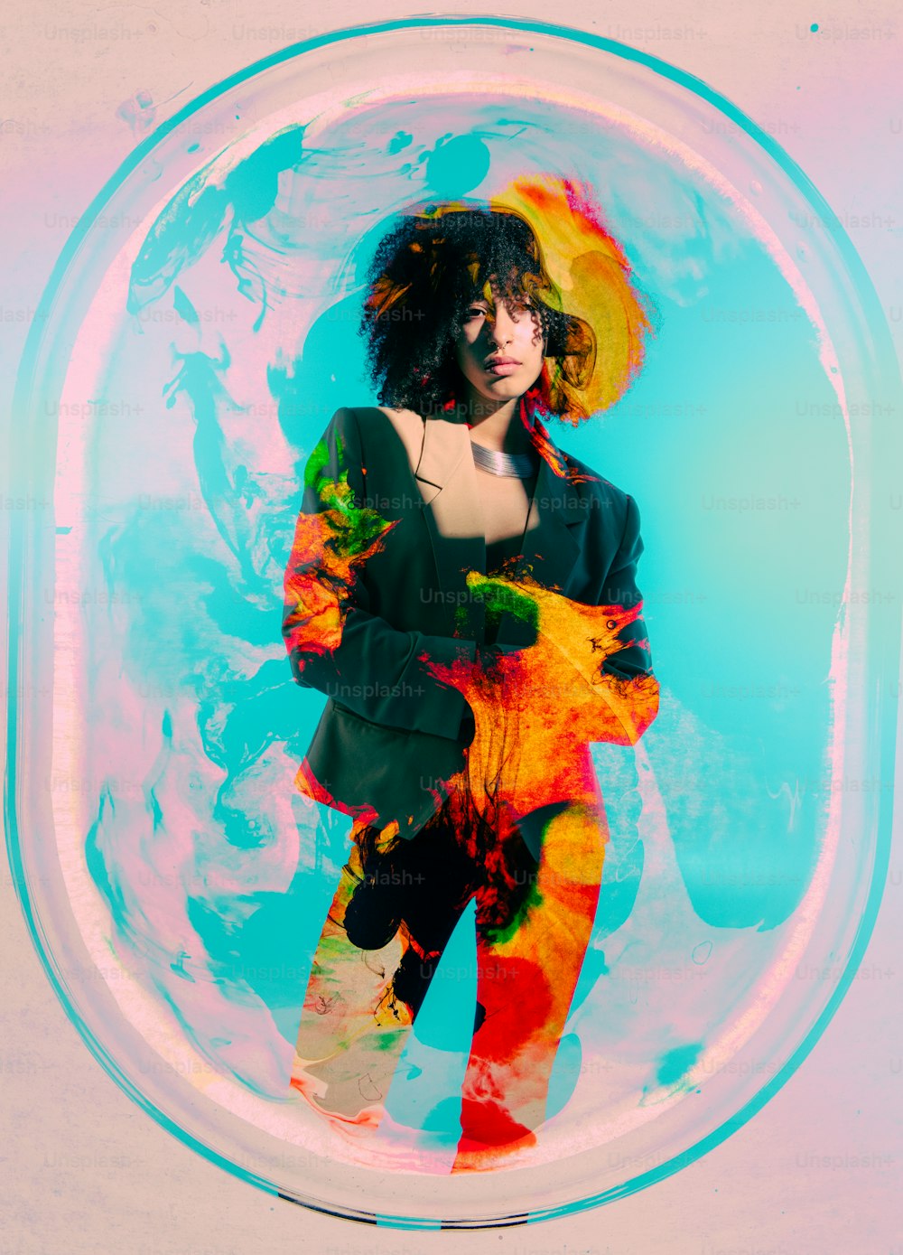 a woman is standing in a glass bowl