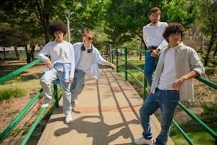 a group of young men walking across a bridge