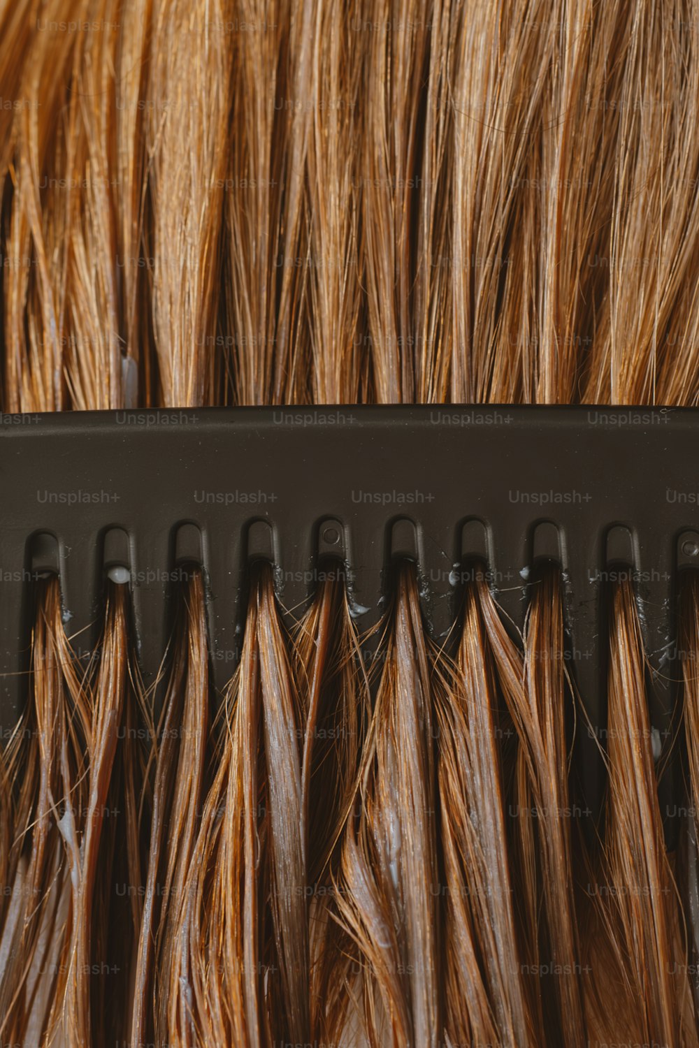 um close up de um pente com cabelos castanhos