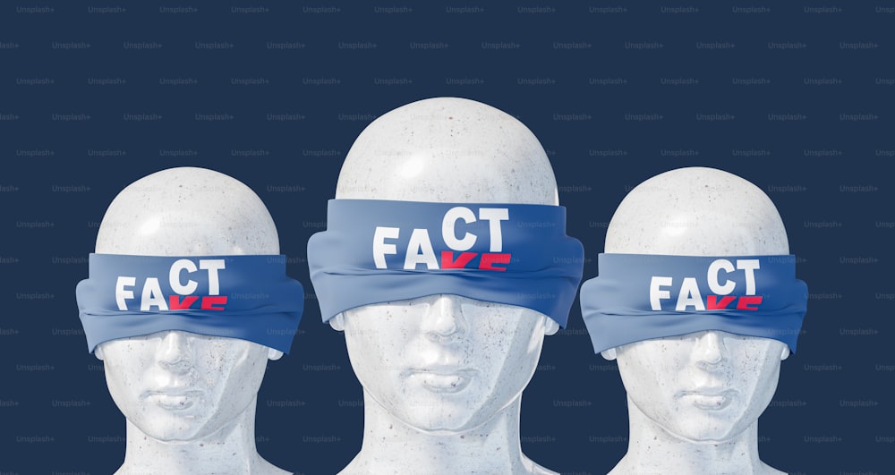 three white mannequins with blue headbands with the words fact fake