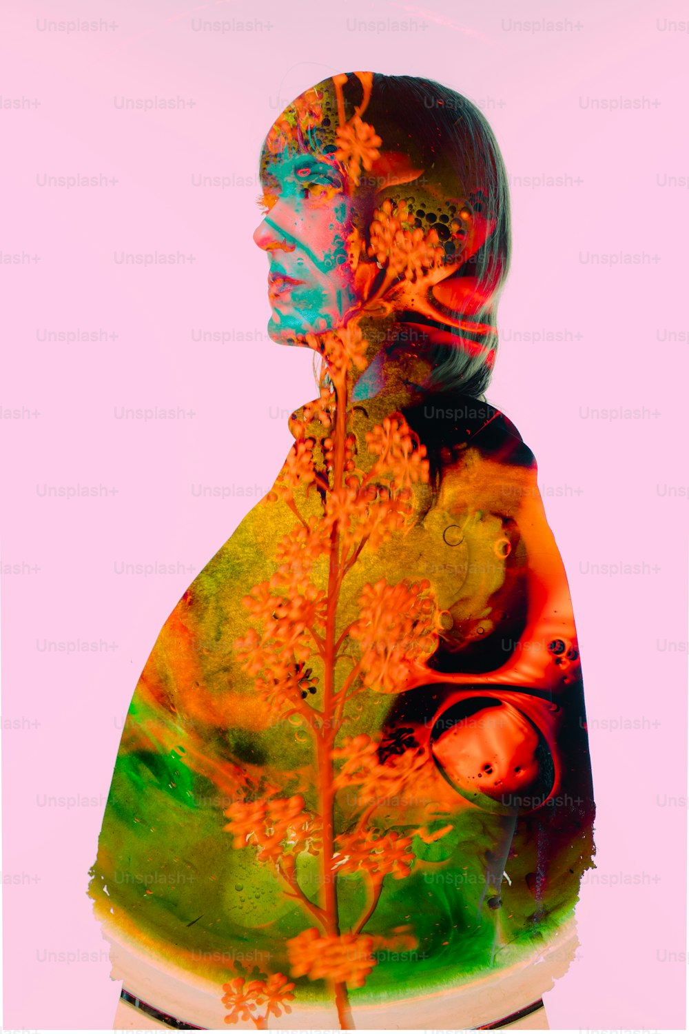 a woman's face is shown in a multicolored image
