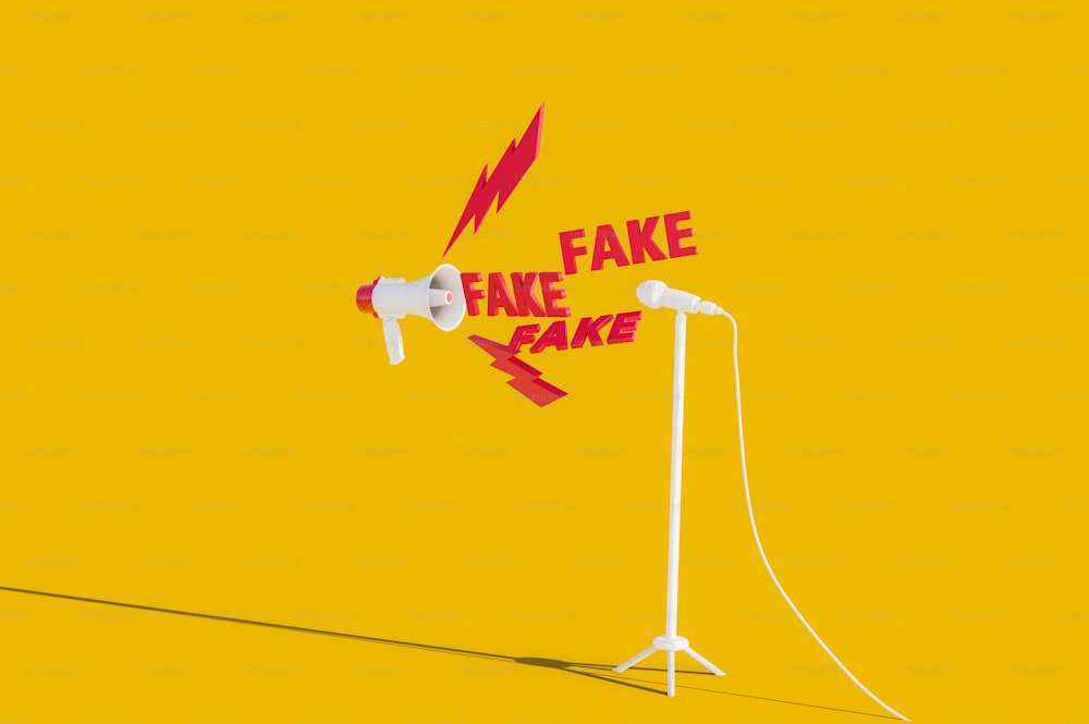 a yellow background with two microphones and a fake fake fake fake sign