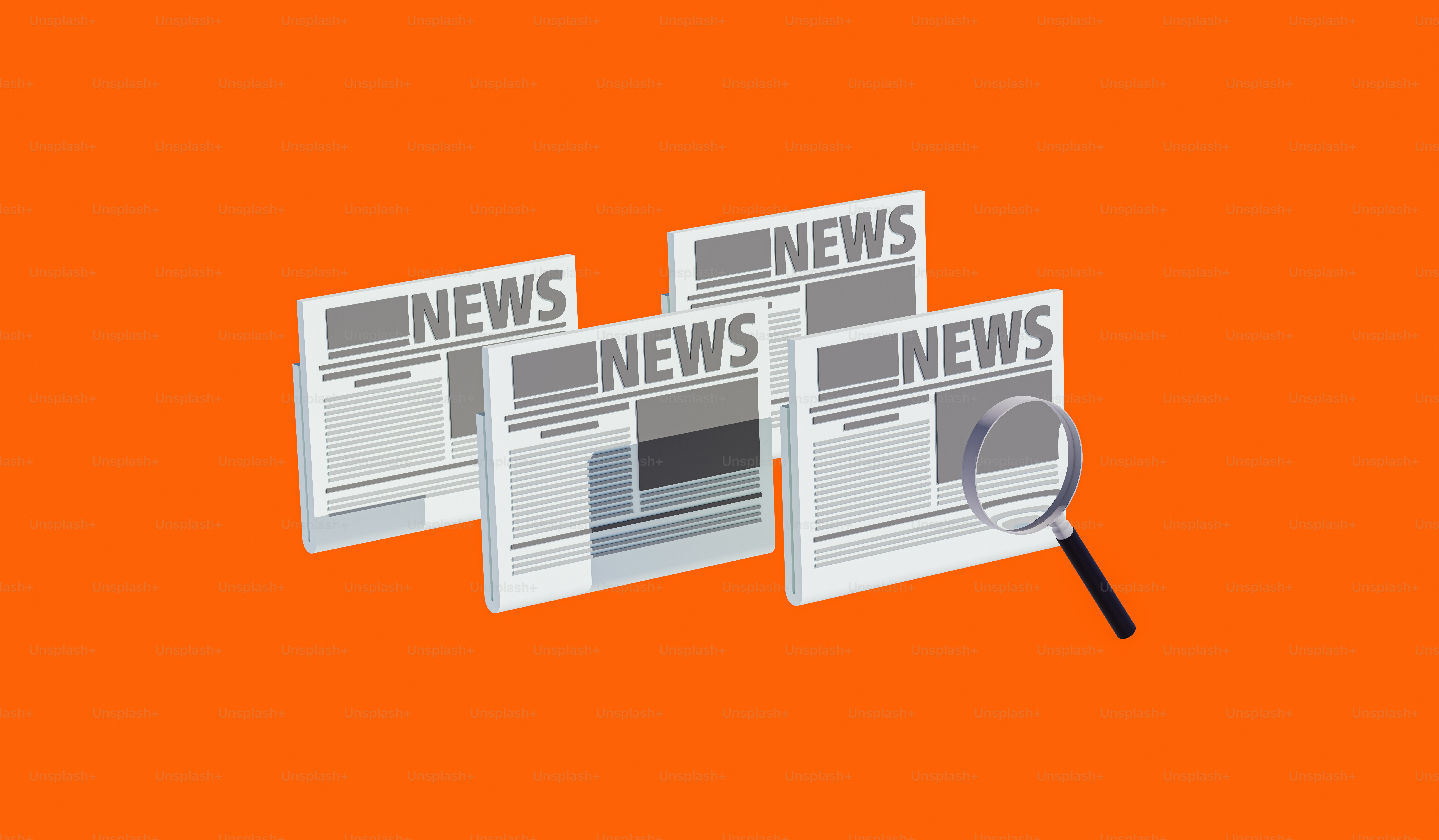 three newspapers with magnifying glass on orange background