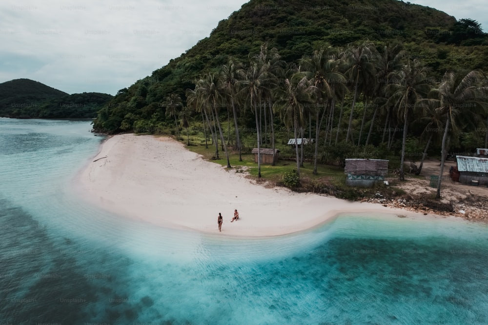 two people are walking on a beach near the ocean