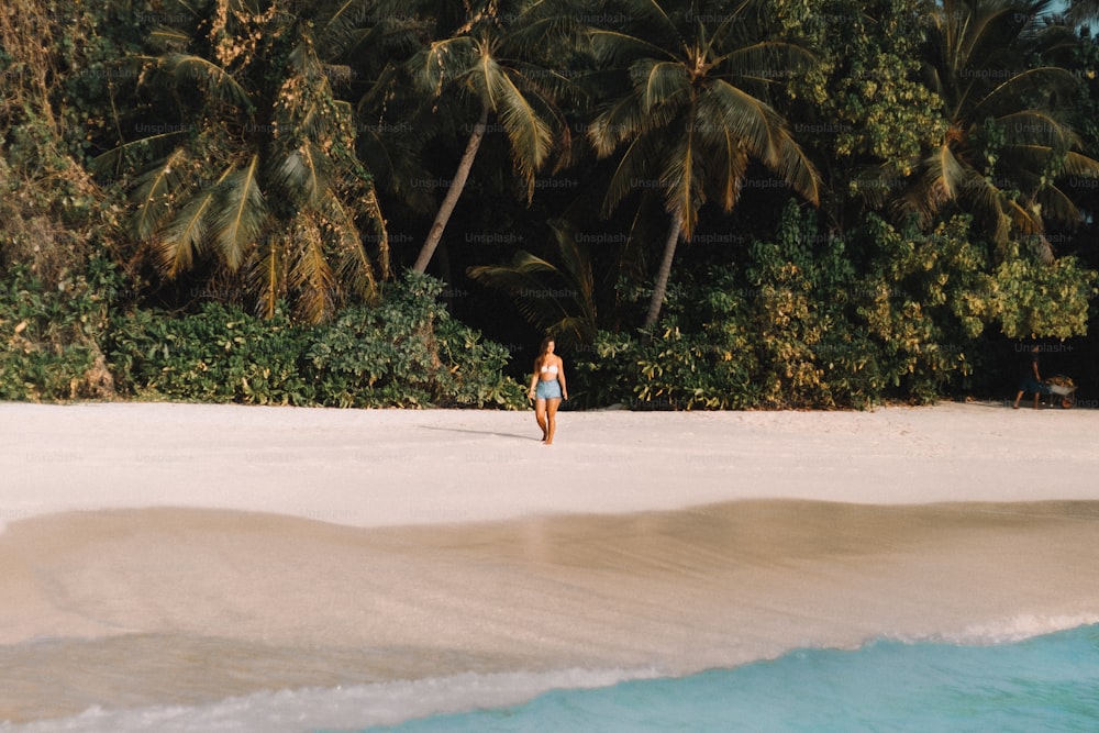una mujer caminando en una playa con palmeras en el fondo