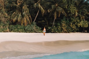 a woman walking on a beach with palm trees in the background