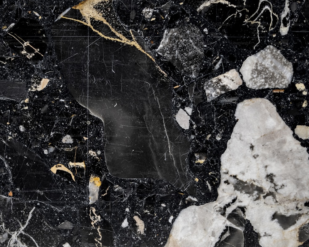 a black and white marble floor with gold accents