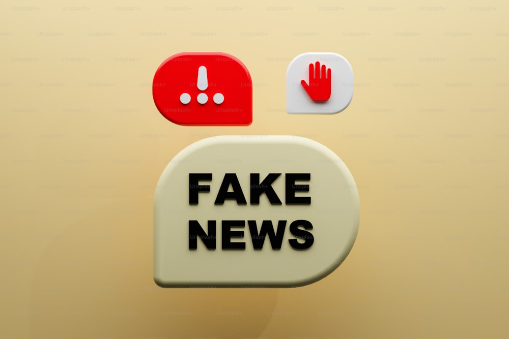 un cartel de noticias falsas con una mano y una exclamación roja