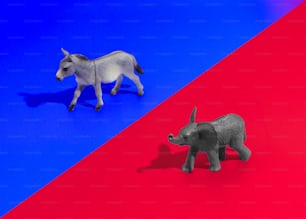 two toy animals on a red and blue background