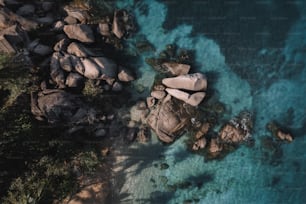 an aerial view of a beach with rocks and water