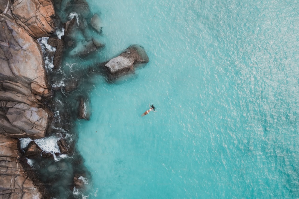 an aerial view of a person swimming in the ocean