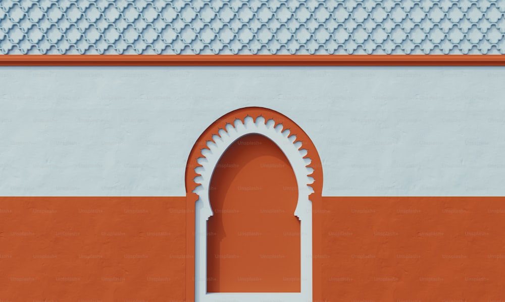 ein orange-blaues Gebäude mit einem Fenster