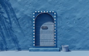 ein blaues Gebäude mit einer Tür und einem Eimer