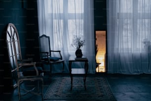 une pièce sombre avec une chaise et une table avec un vase dessus