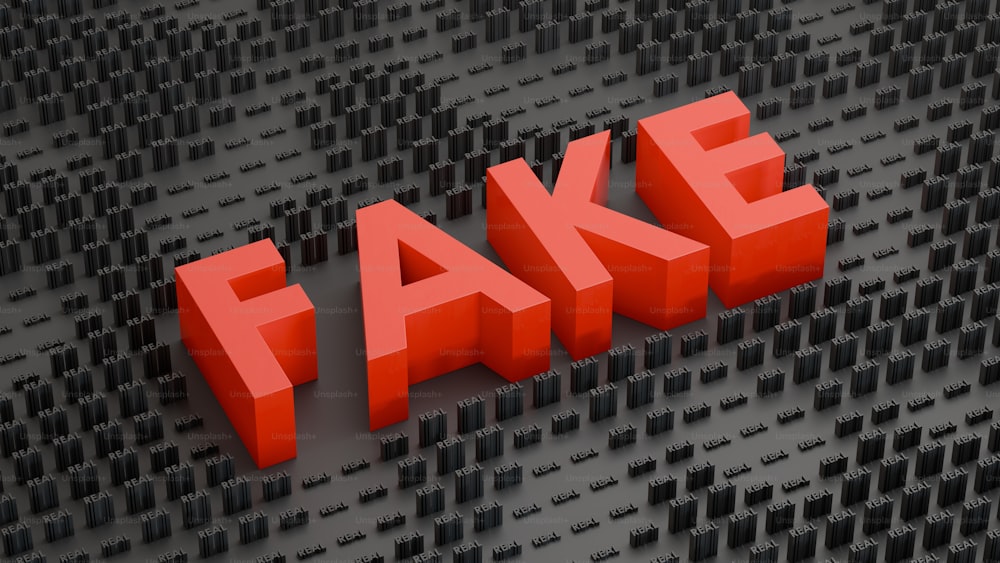 the word fake spelled out in red on a black background