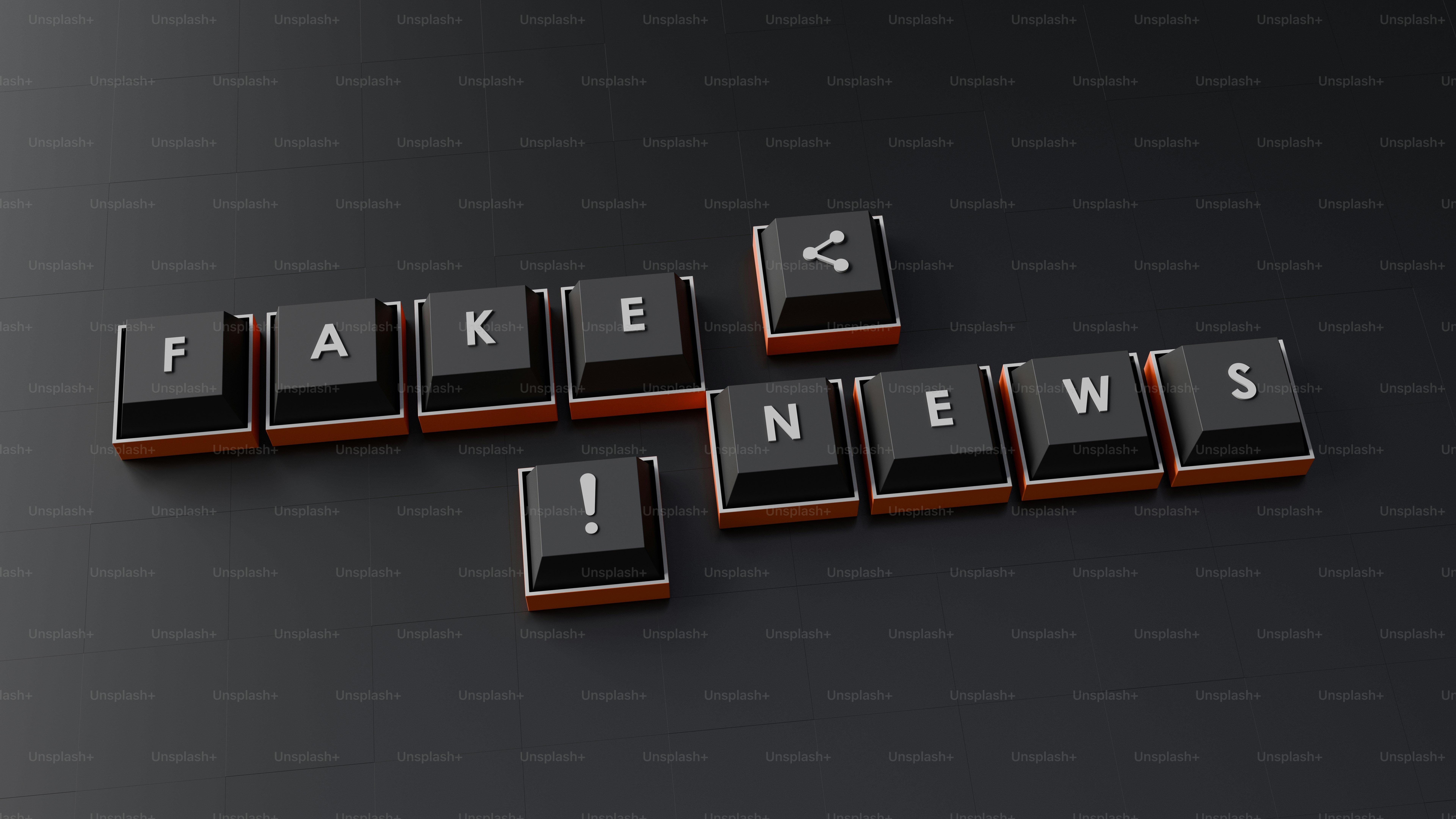FAKE NEWS text words described in a pattern of key caps with a additional keys of share and exclamation mark.