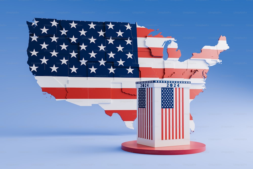 Um mapa 3D dos Estados Unidos com a bandeira americana pintada nele