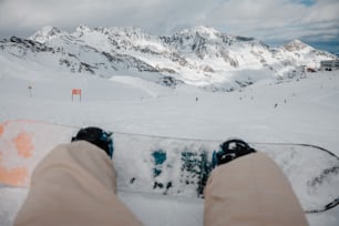 a person with their feet on a snowboard in the snow