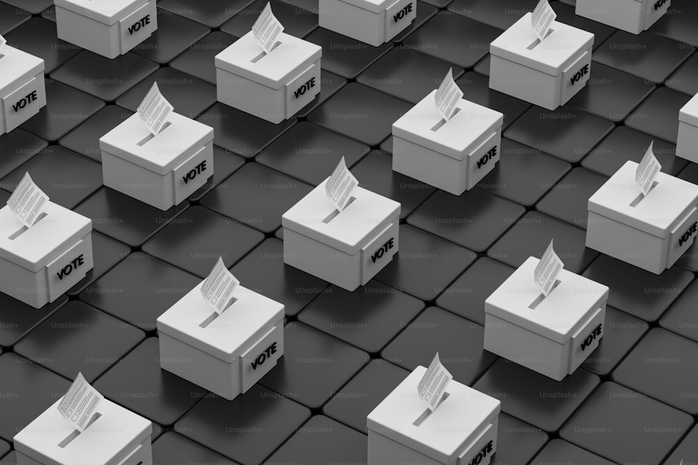 a group of white boxes sitting on top of a tiled floor